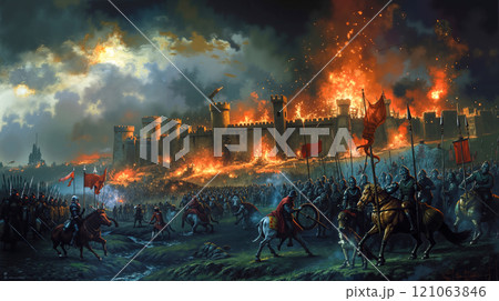 A painting of a battle scene with a castle in the background 121063846