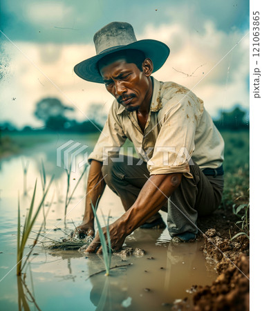 A man in a hat crouches down to plant a plant in a paddy field A man in a hat crouches down to plant a plant in a paddy field 121063865