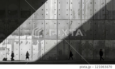 A group of people walking past a concrete wall 121063870