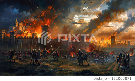 A group of people standing in front of a castle on fire 121063871