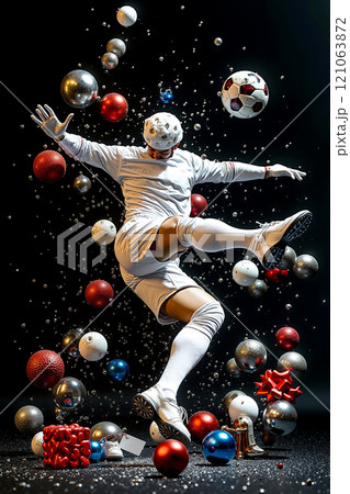 A man kicking a soccer ball in the air surrounded by christmas ornaments 121063872