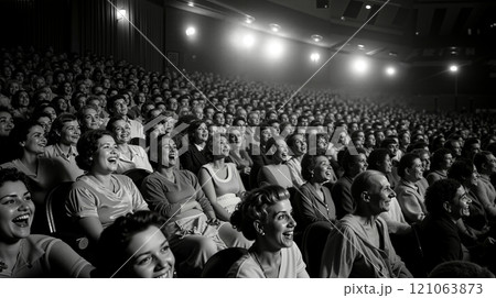 A large group of people sitting in a movie theater 121063873