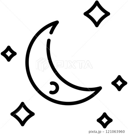 Moon with stars line icon. Crescent in night sky outline vector sign. Celestial linear style pictogram. Symbol, logo illustration. Editable stroke. 121063960