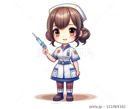 ちびキャラ　注射器を持った看護師の衣装の少女のイメージ素材 121064162