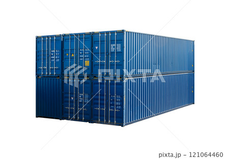 Stack of standard blue cargo containers isolated on white background 121064460