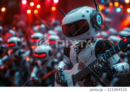A futuristic robot rock band on stage 121064528