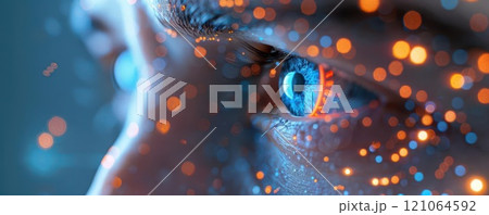 Close-up of a blue eye with orange and blue bokeh. 121064592