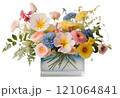 透明なガラスかアクリルのスクエアな花瓶に生けてあるパステルカラーのかわいい草花 121064841