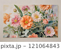 パステルカラーのオレンジ色、ピンク色、白色のかわいい草花 121064843