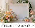 パステルカラーの花に飾られた白いフレーム 121064847