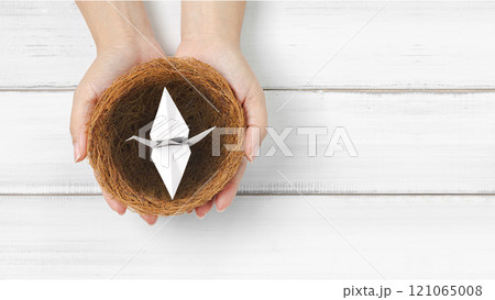 Symbol of Peace and Hope: Hand Holding Origami Paper Crane in a Nest 121065008