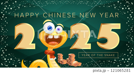 Cartoon snake with scarf symbol of 2025 lunar year. New year illustration. Happy Chinese New Year 2025 illustration vector design with cute and elegant golden snake and golden coins. Cartoon snake with scarf symbol of 2025 lunar year. New year illustration. Happy Chinese New Year 2025 illustration vector design with cute and elegant golden snake and golden coins. 121065281