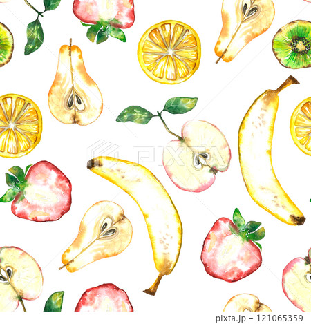 Seamless pattern of plenty colorful fruits. Summer print with hand drawn fruits. Watercolor illustration 121065359