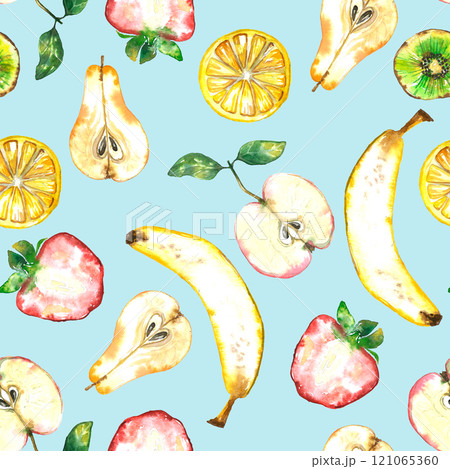 Seamless pattern of plenty colorful fruits. Summer print with hand drawn fruits. Watercolor illustration Seamless pattern of plenty colorful fruits. Summer print with hand drawn fruits. Watercolor illustration 121065360