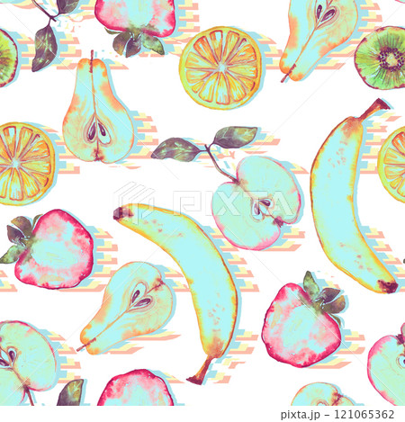 Seamless pattern of plenty colorful fruits. Summer print with hand drawn fruits. Watercolor illustration 121065362