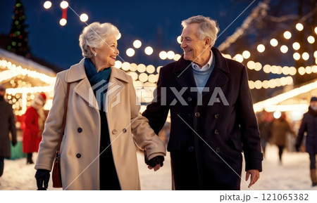 Happy two elderly people woman and man walking against backdrop of Christmas fair lights holding hands on the street, wearing coats. AI 121065382