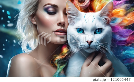 Woman with colorful hair and make up with white cat, water art, paint drops, colorful melting human head, intricate and intense oil paint, abstract rainbow color background. AI 121065447