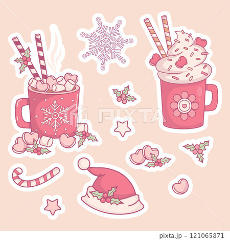 Christmas stickers. Sweet Cream Dessert Mug, cup Festive Hot Cocoa with Marshmallows, striped candy, Santa hat, snowflake and holly. Vector illustration. Isolated New Year kawaii elements . Christmas stickers. Sweet Cream Dessert Mug, cup Festive Hot Cocoa with Marshmallows, striped candy, Santa hat, snowflake and holly. Vector illustration. Isolated New Year kawaii elements . 121065871