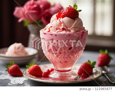 Delightful strawberry ice cream sundae topped with fresh berries and roses on a decorative table Delightful strawberry ice cream sundae topped with fresh berries and roses on a decorative table 121065877