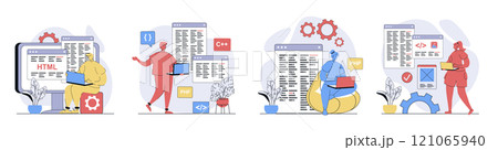 Programmer working concept set in flat design for web. Collection with people programming at different computer languages, creating code at screens, developing new it products. Vector illustrations. 121065940