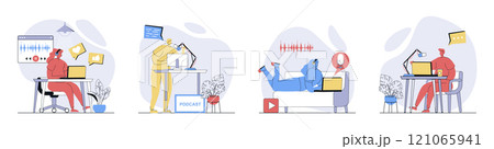 Podcast streaming concept set in flat design for web. Collection with people in headphones broadcasting, radio host talks in microphone, creating audio content, follower listen. Vector illustrations. 121065941