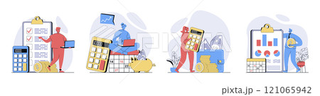 Planning financial budget concept set in flat design for web. Collection with people analyzing personal money and accounts, calculating finance, creating strategy with calendar. Vector illustrations. 121065942