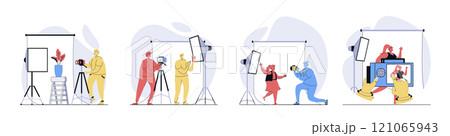 Photo studio concept set in flat design for web. Collection with people getting photography shot, children posing for portrait, photographer working at shooting in backstage. Vector illustrations. 121065943