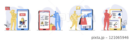 Mobile commerce concept set in flat design for web. Collection with people choosing in assortment and making online shopping at salses, ordering products, paying online in apps. Vector illustrations. 121065946
