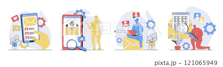 Email service concept set in flat design for web. Collection with people sending emails at phone app or laptop, receiving subscription notifications and online messages inbox. Vector illustrations. 121065949