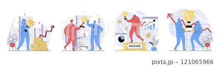 Business award concept set in flat design for web. Collection with people working together and achieving career goals, celebrating win, get golden trophy cup and increase profit. Vector illustrations. 121065966