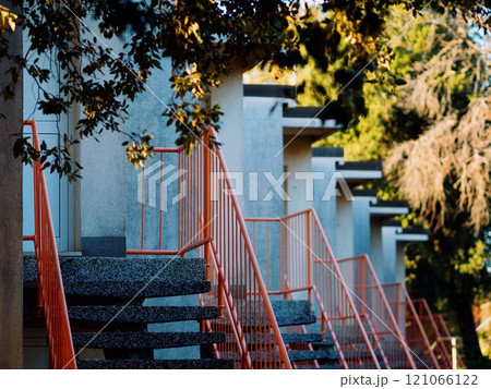 Campus houses Zlatne stijene with stairs and railings. Holiday resort apartments for tourists near the sea. Pula, Croatia - December 1, 2024 121066122