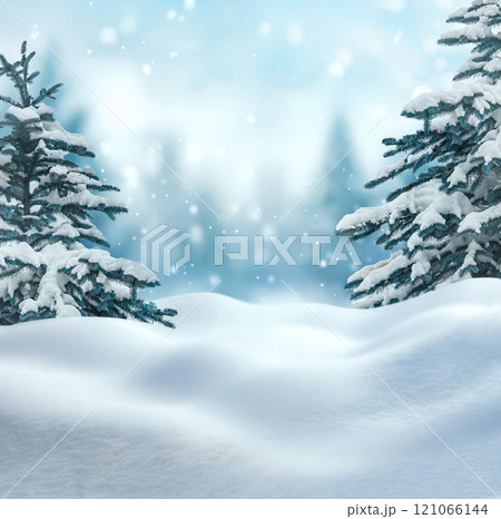 Christmas snowy landscape background with snow drifts hills and snow-covered fir trees 121066144