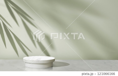 A sleek marble display product pedestal against green wall with soft foliage shadows A sleek marble display product pedestal against green wall with soft foliage shadows 121066166