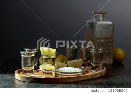 Gold tequila with salt and lime slices. 121066205
