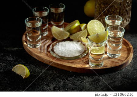 Gold tequila with salt and lime slices. Gold tequila with salt and lime slices. 121066216