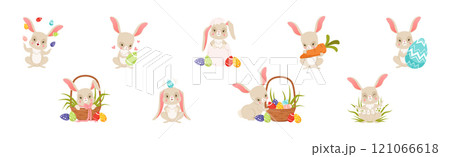 Cute Bunny with Easter Decorated Egg Shell Vector Set 121066618