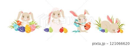 Cute Bunny with Easter Decorated Egg Shell Vector Set 121066620