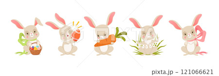 Cute Bunny with Easter Decorated Egg Shell Vector Set 121066621