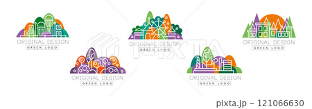 Green Logo Original Design with City Landscape Vector Set 121066630