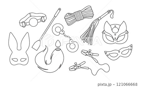 vector set of adult sex toys, accessories for bdsm sex games, linear black and white icons, doodle and sketch style, hand drawing 121066668