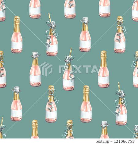 Bottles of pink champagne with confetti and ribbons. Watercolor illustration, hand drawn. Seamless pattern on a turquoise background. For congratulations, wrapping paper, holidays Bottles of pink champagne with confetti and ribbons. Watercolor illustration, hand drawn. Seamless pattern on a turquoise background. For congratulations, wrapping paper, holidays 121066753
