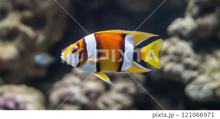 Yellow white striped tropical sea fish underwater on coral reef. Aquarium oceanarium wildlife colorful marine landscape nature photo, selective focus 121066971