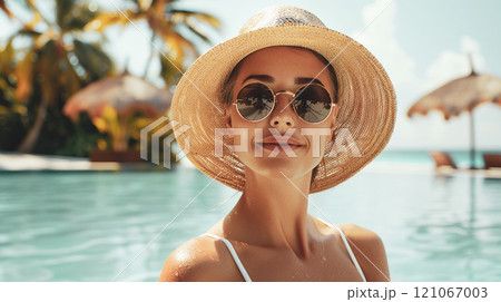 Gorgeous beautiful young woman wearing a straw hat and round sunglasses in a blue water pool at a summer resort in hot sunny day. Relaxing girl. This is AI-generated item 121067003