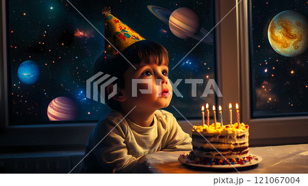 A cute little boy with a birthday cap on head celebrating birthday, blowing out candles on a cake, making a wish in a dark cosmic planets backdrop. This is AI-generated item 121067004