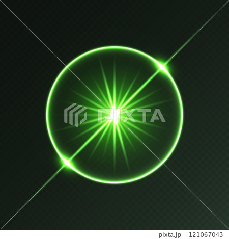 Green light flare, glowing shiny sparkle, lens flare effect, bright glimmering glare. 121067043