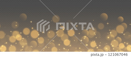 Golden bokeh with stars and sparkles, shiny overlay decoration isolated on grey background. 121067046