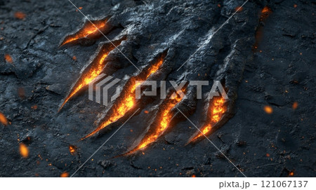 Giant monster claw leaving burning scratches on the ground 121067137