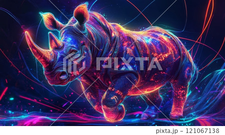 Colorful rhinoceros running in abstract vibrant neon background 121067138