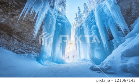 Icicles hanging in frozen glacial cave during winter 121067143
