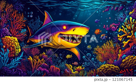 Glowing shark swimming through colorful coral reef 121067145